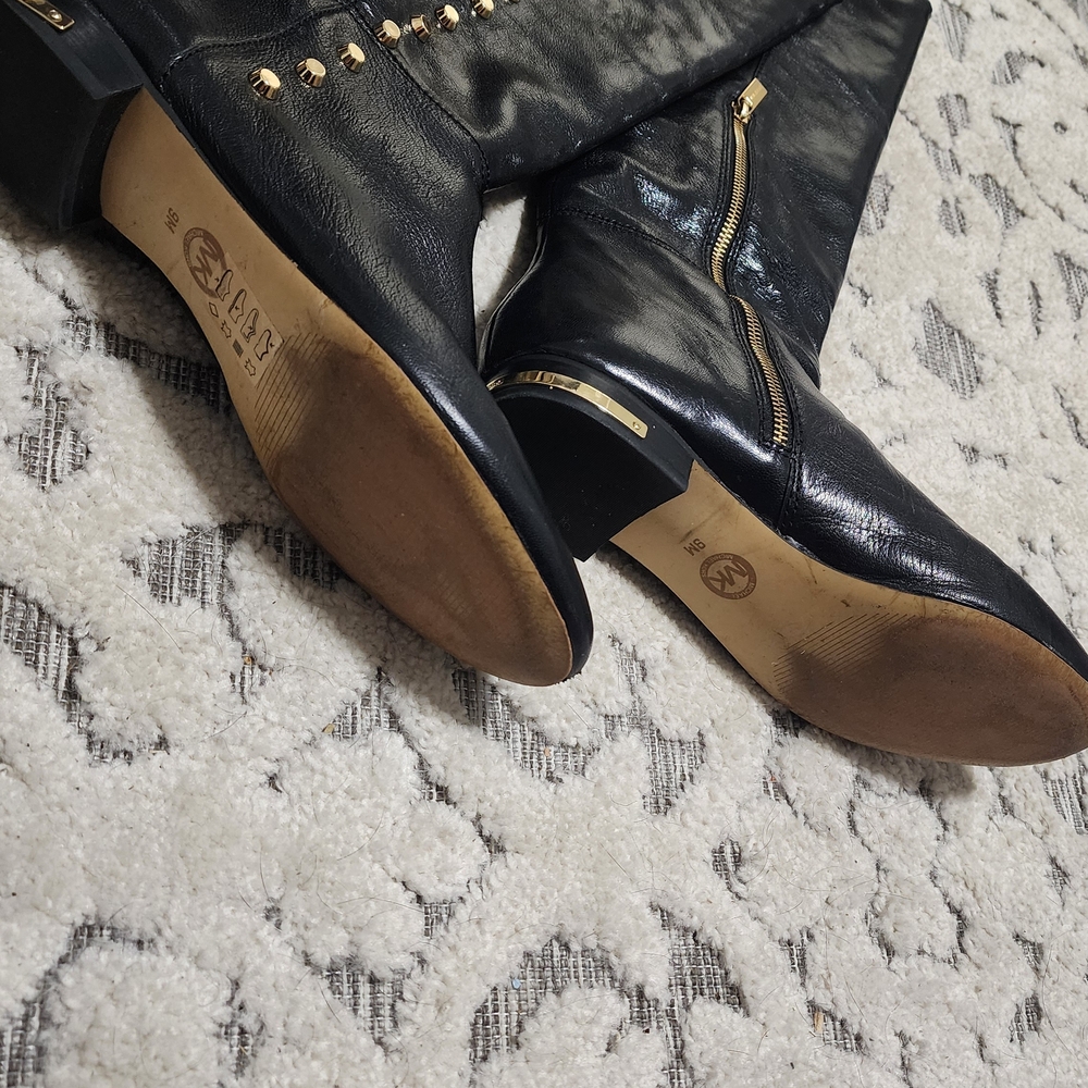 Michael Kors Black Leather Ankle Boots with Gold Accents - Picture 3 of 10